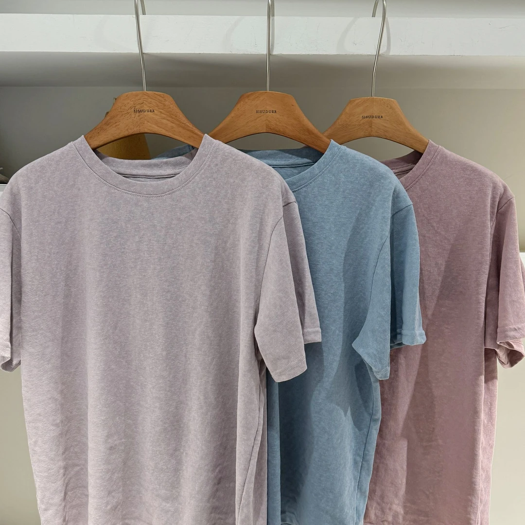 【林隙日光】水洗亚麻短袖透气百搭简约圆领纯色T恤上衣女