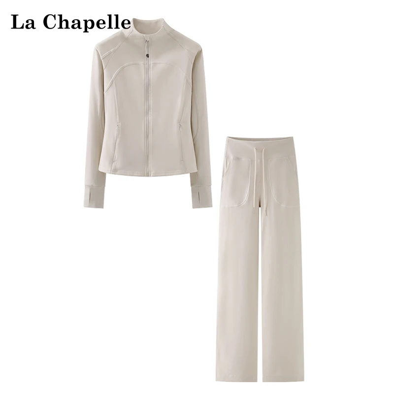 拉夏贝尔/立领修身瑜伽运动外套休闲阔腿裤女时尚套装百搭时髦