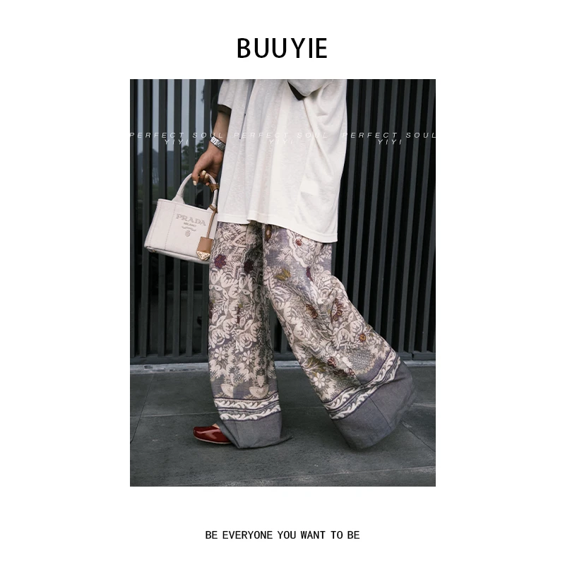 BUUYIE 25SS【墨栖】小众设计墨绿新款印花休闲裤 250535