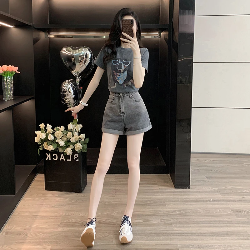 休闲运动套装女夏季高级感炸街减龄时尚小个子短袖牛仔短裤两件套