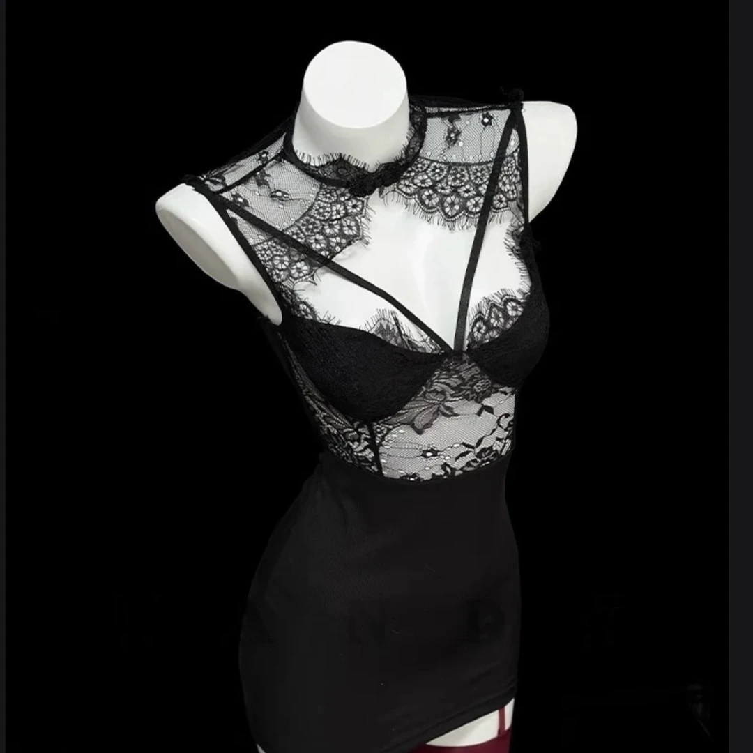 觅趣【黑色御姐】睡衣女气质蕾丝纯欲包臀连衣裙修身显瘦美背薄款