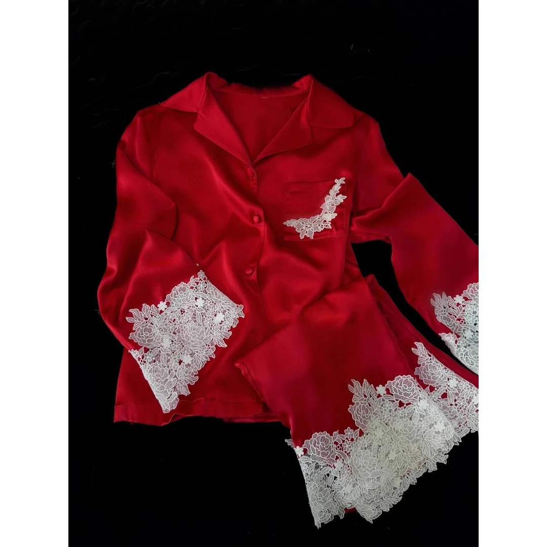 【纯欲蕾丝边】性感红色冰丝睡衣女2025新款春夏季新款长袖家居服