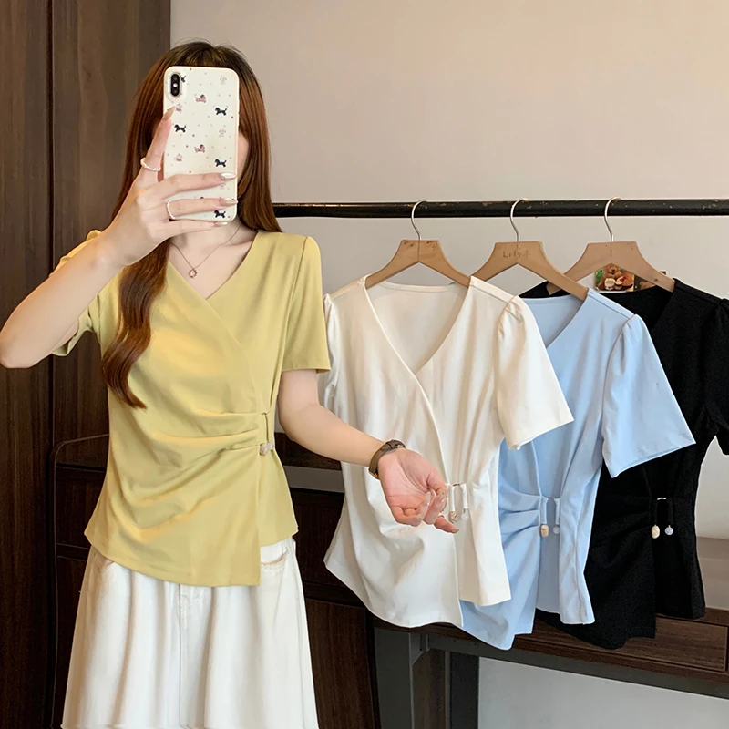 2025夏装新款胖mm大码女装气质休闲交叉领不规则短袖T学上衣35593