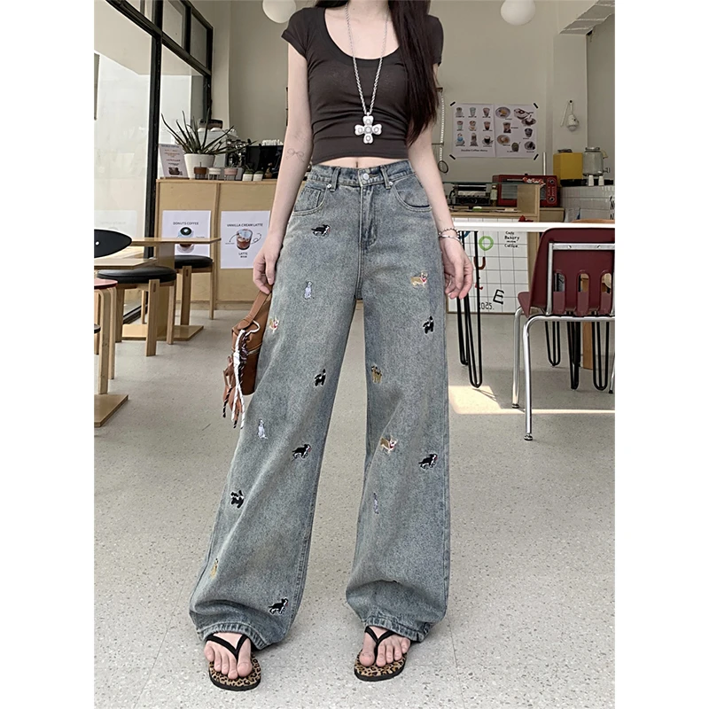 大码设计感小狗刺绣拖地牛仔裤女夏季新款小个子高腰宽松直筒裤子