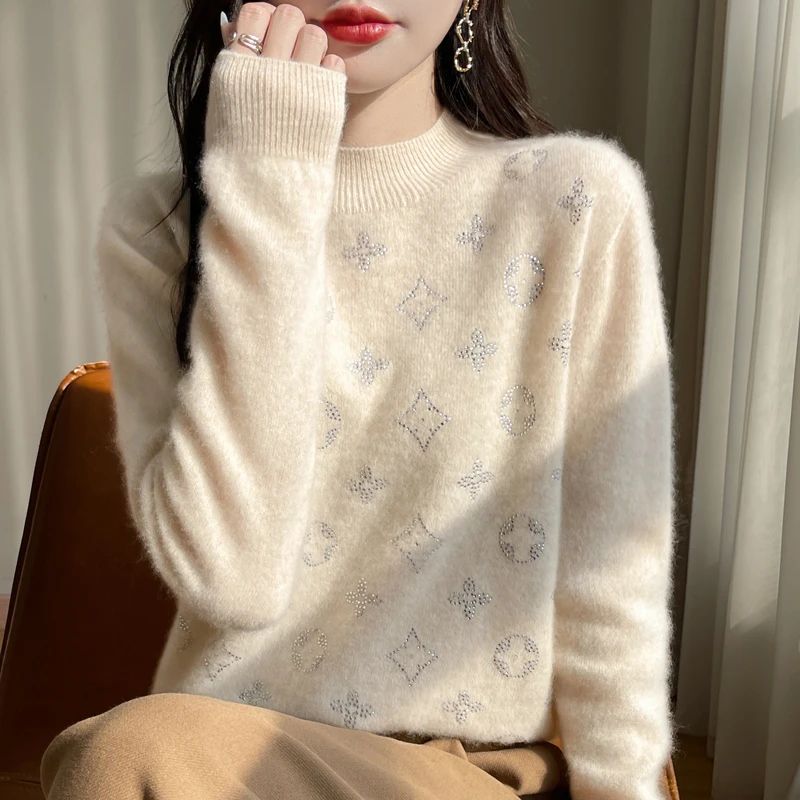 温柔优雅实穿~新款一线成衣四叶草烫钻羊毛衫打底衫毛衣百搭