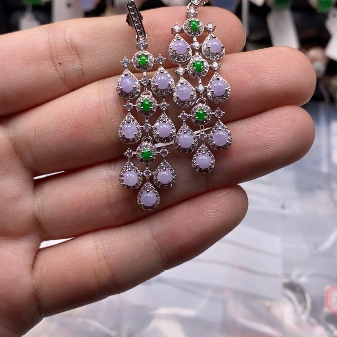 翡翠耳饰银S925镶嵌磨****贝天然缅甸翡翠a货