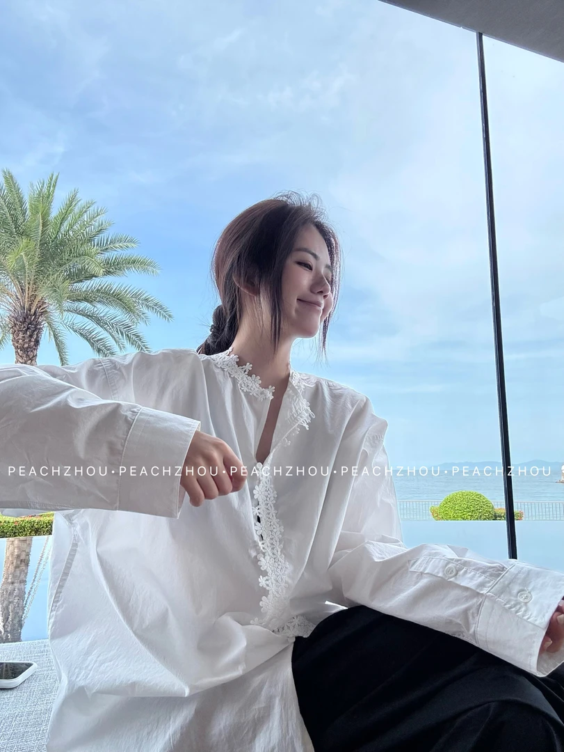『PEACHZHOU』双面穿花边领门襟宽松圆领廓形衬衫法式休闲洋气长袖