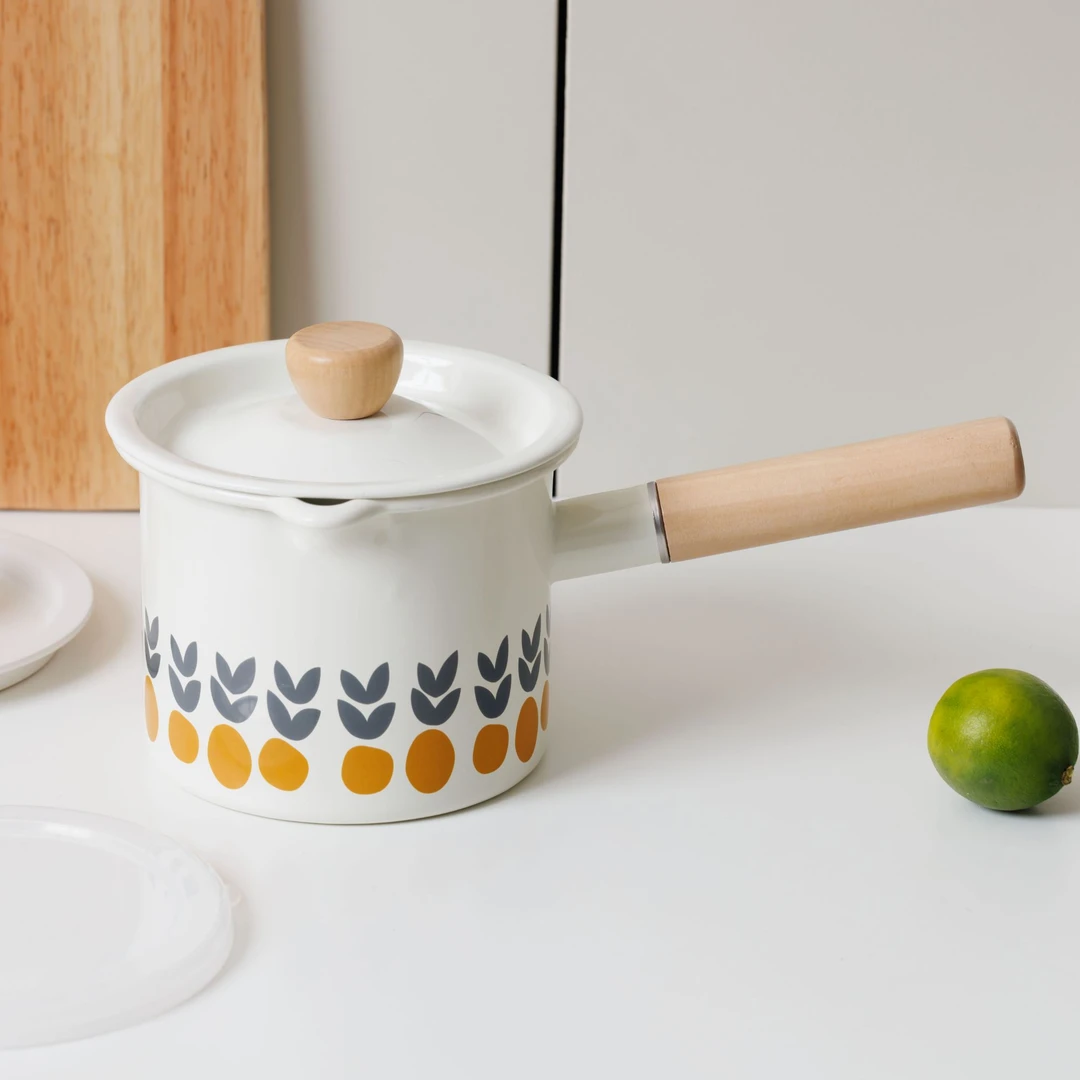 【设计师款】 加厚15CM 1.5L珐琅搪瓷橘子花奶锅 带刻度线  双盖款