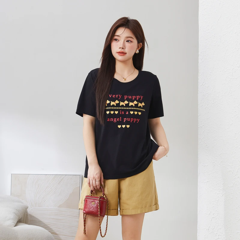 采多宝大码女装圆领正肩涂鸦印花减龄上衣EXZ3010