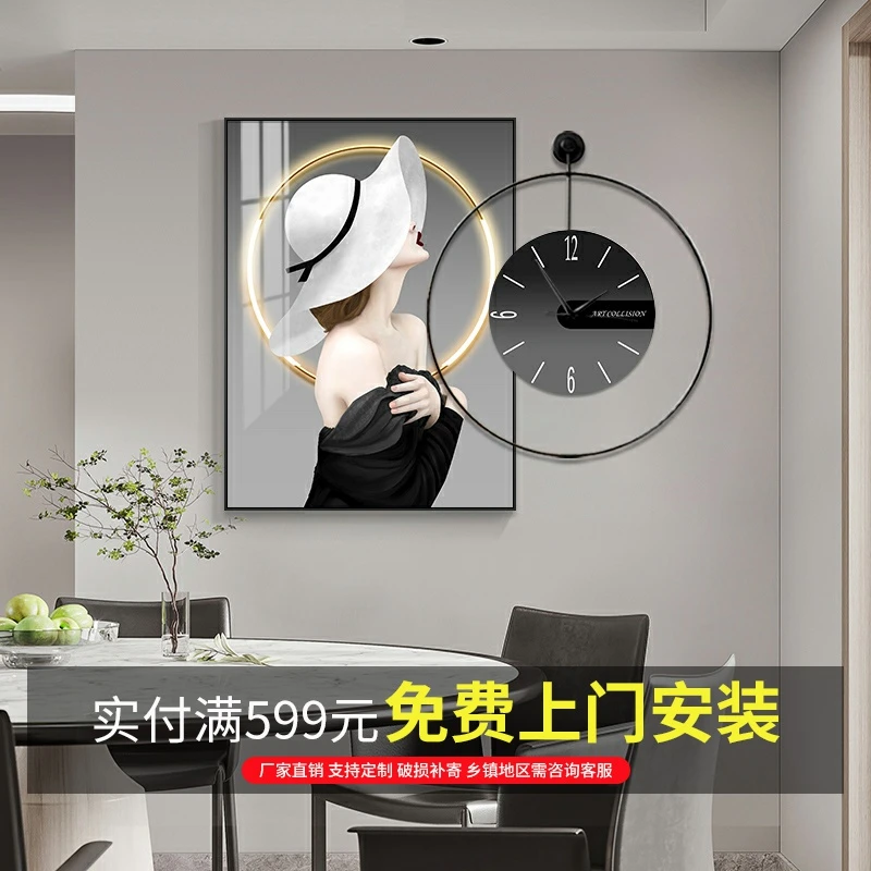 现代轻奢餐厅装饰画钟表壁画高档饭厅组合墙画客厅餐桌背景墙挂画