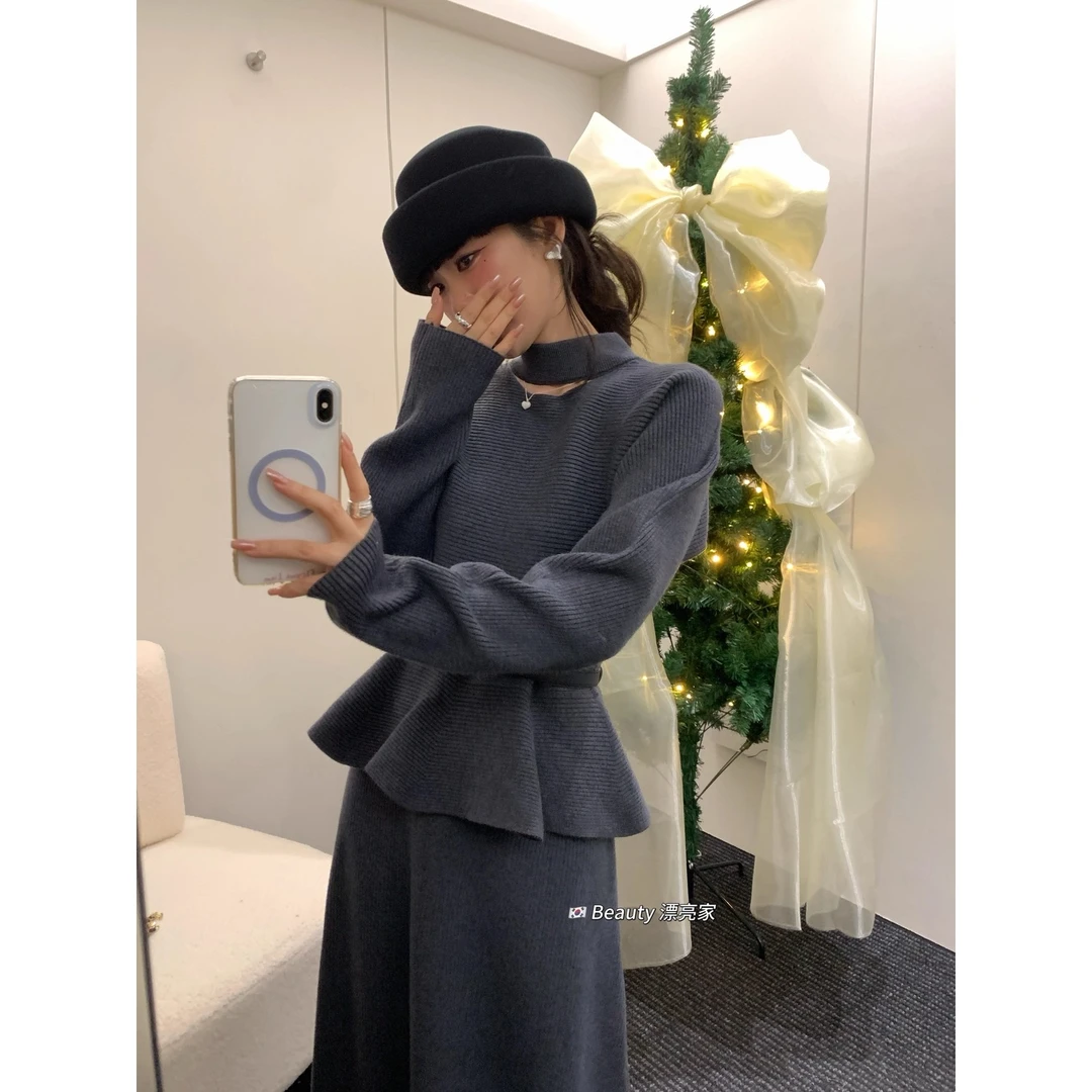 溪溪靓衫赫木梵荷叶边针织套装裙女冬法式收腰伞摆上衣半裙两件套