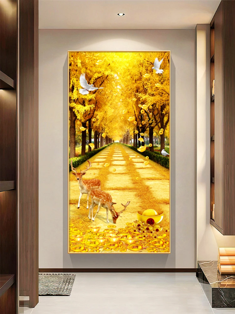 发财树黄金大道轻奢晶瓷装饰画麋鹿招财壁画简约晶瓷镶钻铝合金框