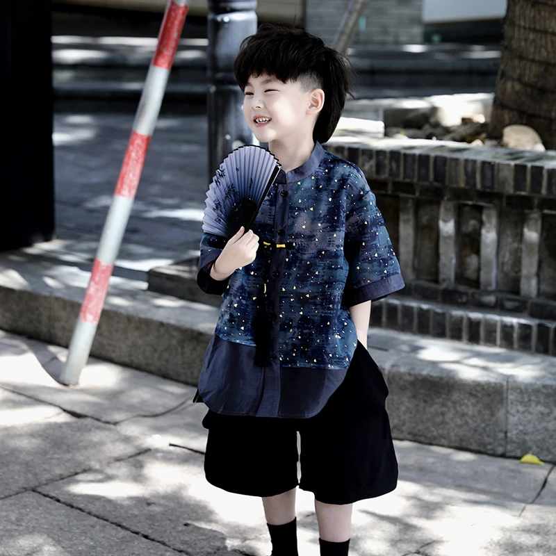 【现货】Jimmy妈童装 浩瀚星海夏季新款儿童新中式国风短袖衬衫上衣