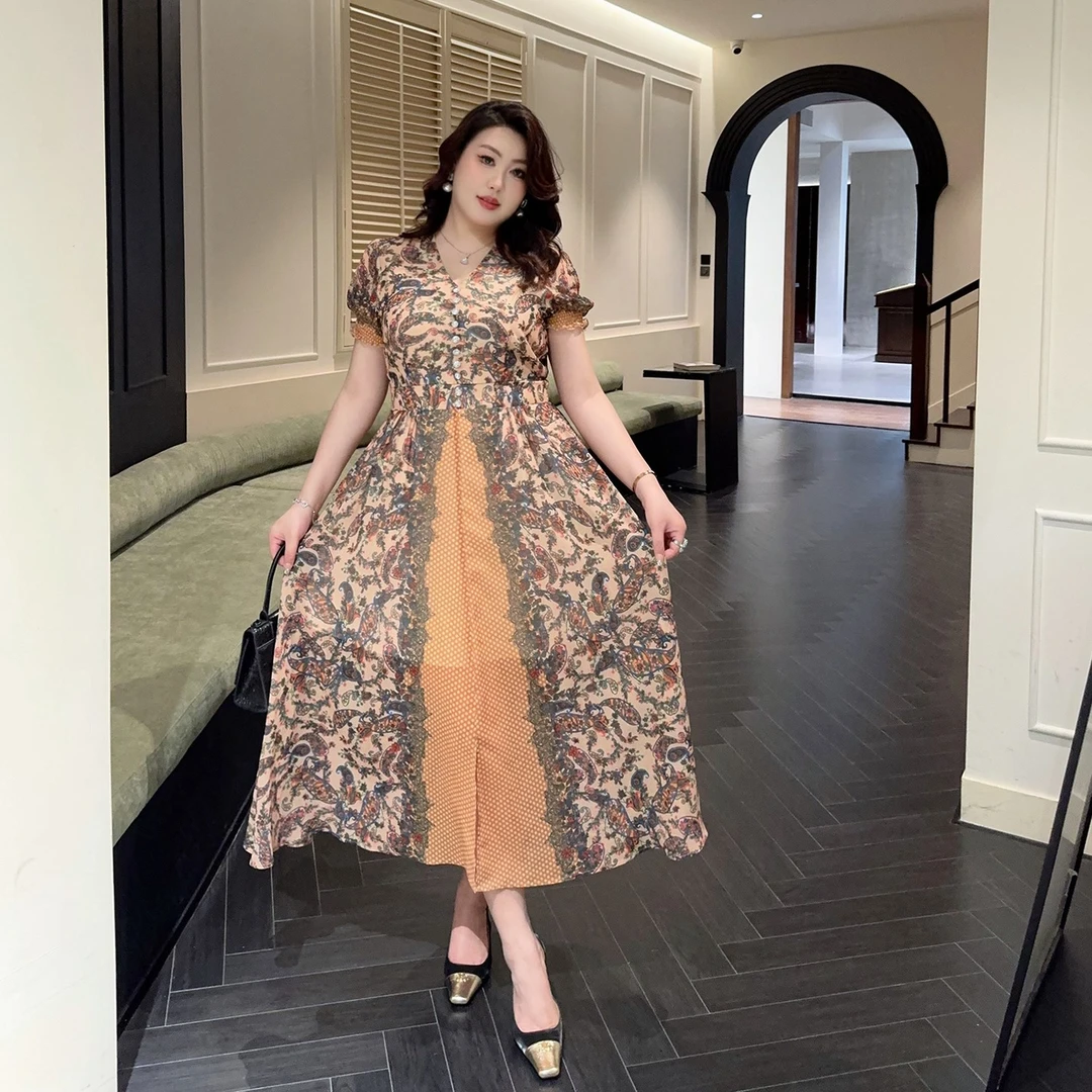 大码女装2025夏季名媛风复古碎花连衣裙G945A