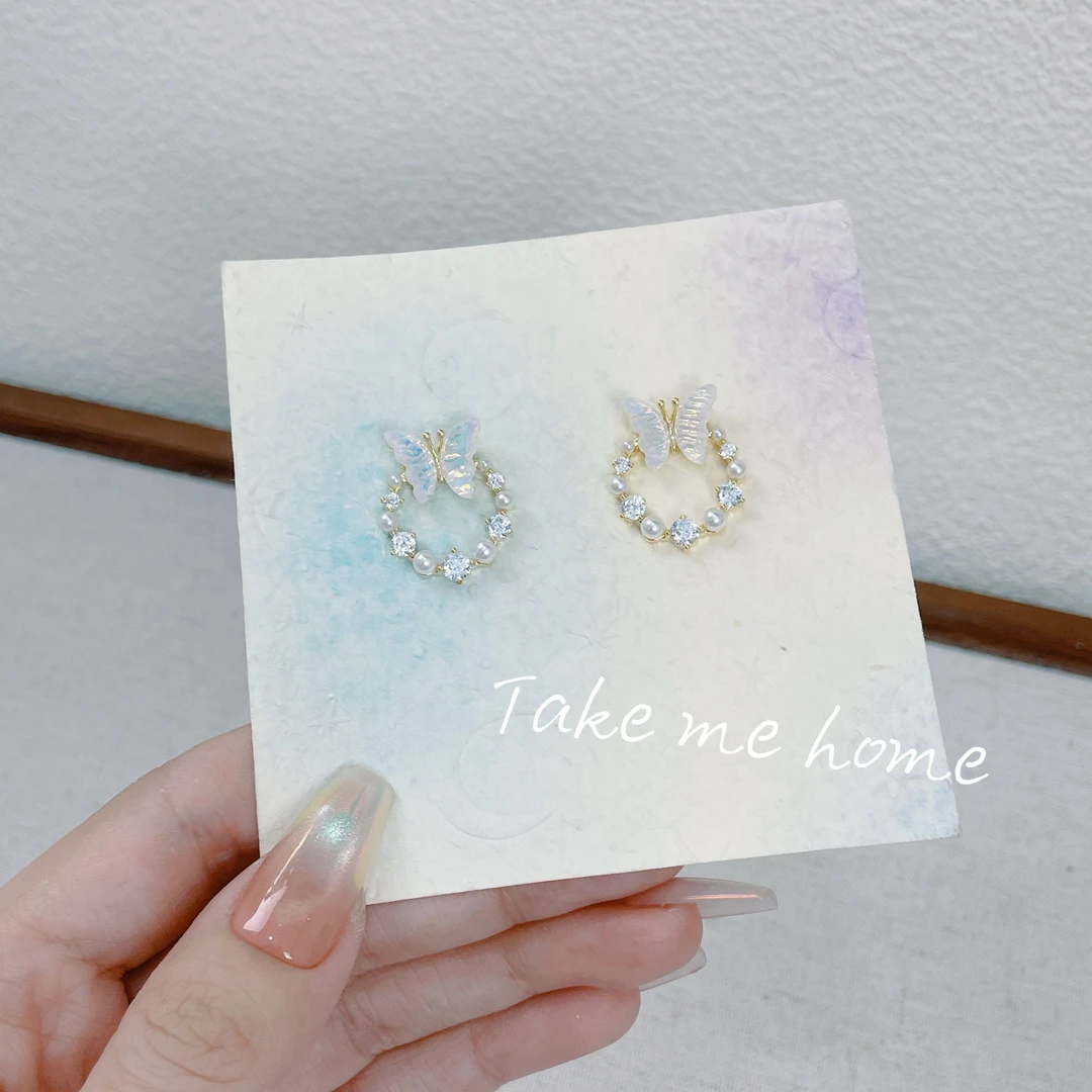 铜合金锆石耳饰 冰透蝴蝶小花环耳钉EH707