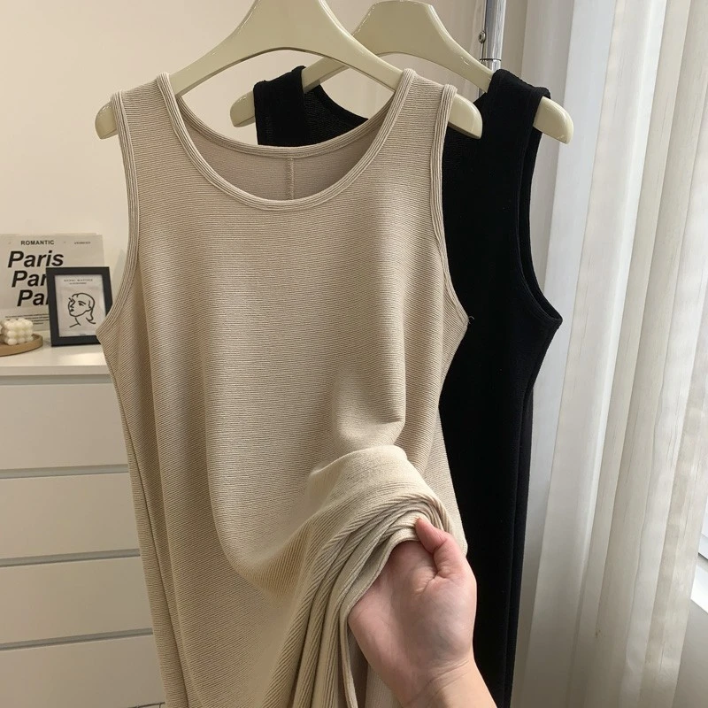 横条肌理感U领背心裙女春夏宽松显瘦垂感舒适居家百搭长款连衣裙