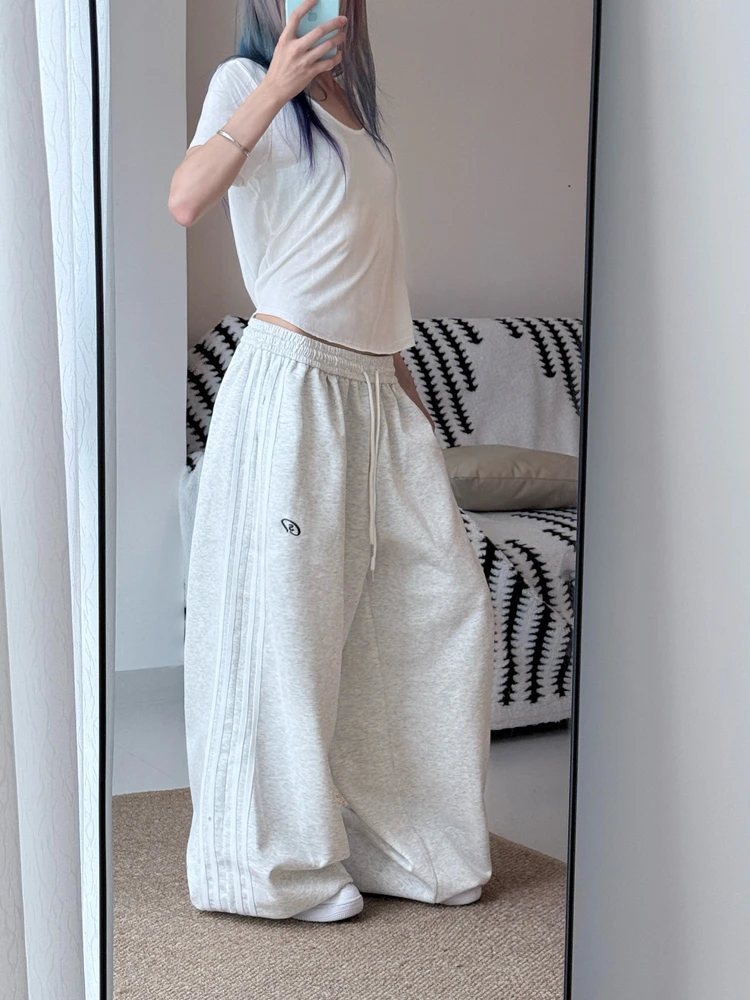 美式白灰色条纹拼色宽松运动休闲卫裤女秋冬低腰阔腿抽绳拖地长裤