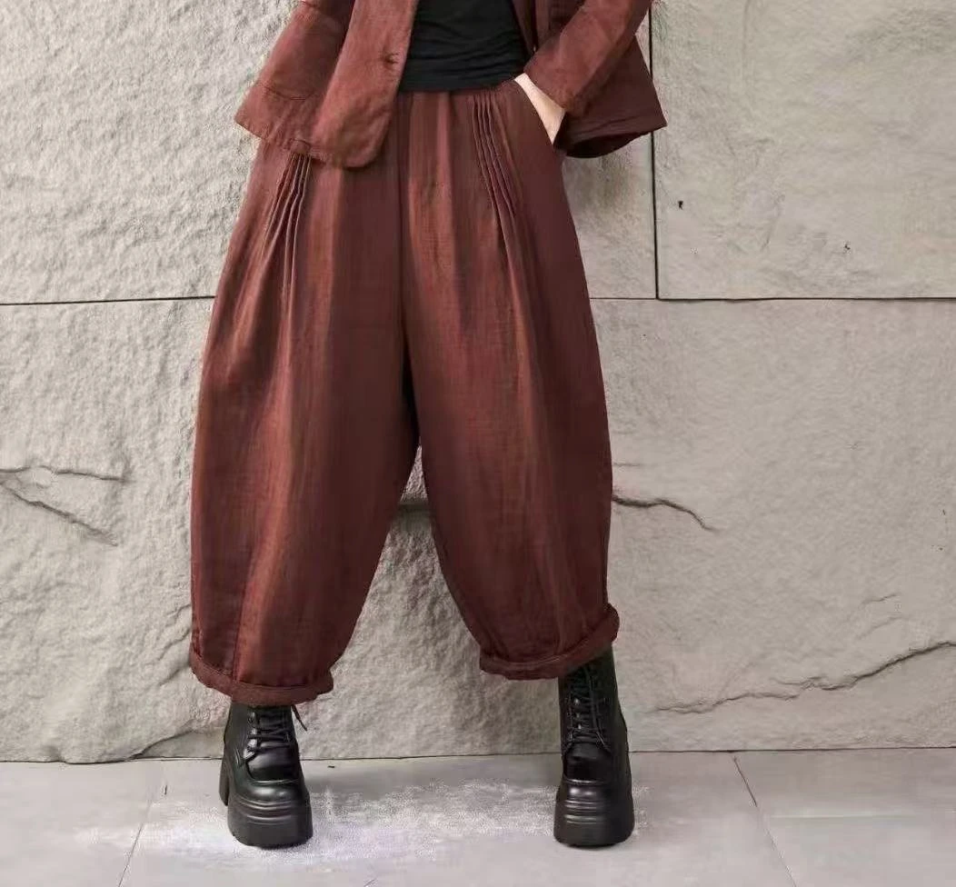 ZX2505秋季新款抽褶宽松遮肉哈伦裤休闲百搭复古纯色松紧腰休闲裤