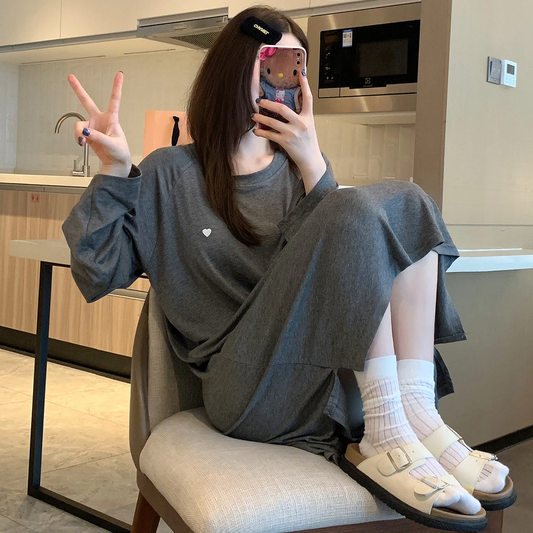 莫代尔睡衣女2025新款春秋季带胸垫长袖圆领时尚睡裙可外穿家居服