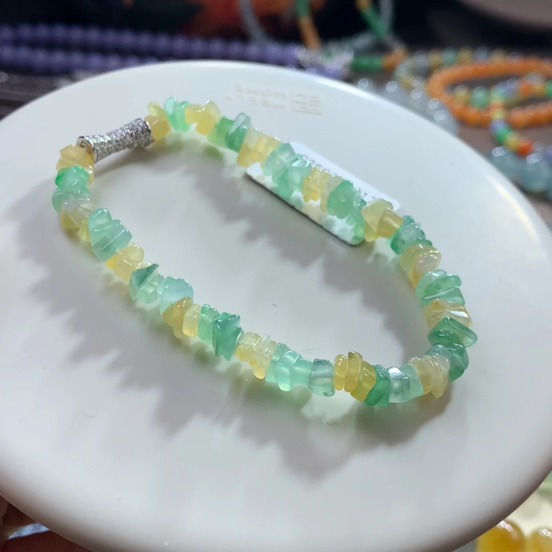 未镶嵌手链翡翠冰黄➕绿碎冰冰手链 颜色好清雅！