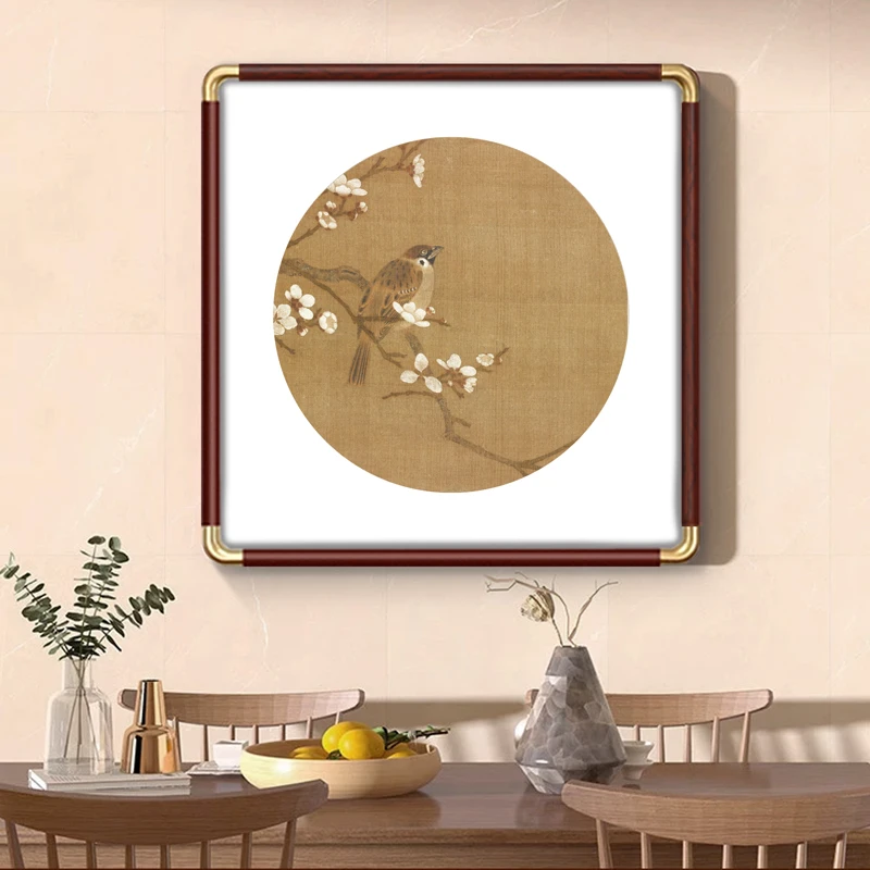 新中式客厅装饰画梅雀图复刻宣绒布实木餐厅玄关挂画国画花鸟书房
