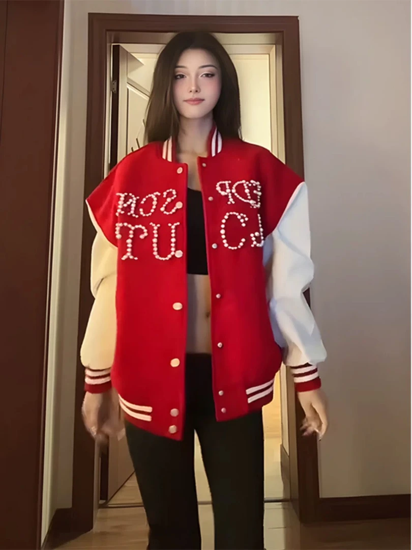 美式复古红色棒球服外套女2025春季珍珠钉珠宽松潮牌夹克情侣上衣