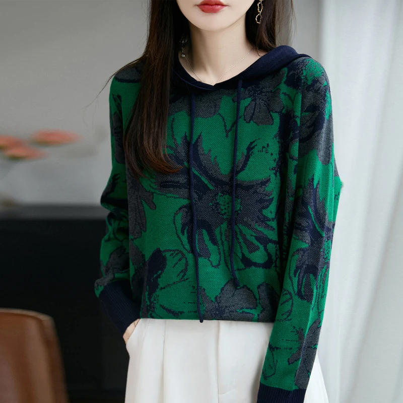 哥弟阿玛施官方新款抽绳连帽提花针织卫衣2025秋季时尚百搭上衣女