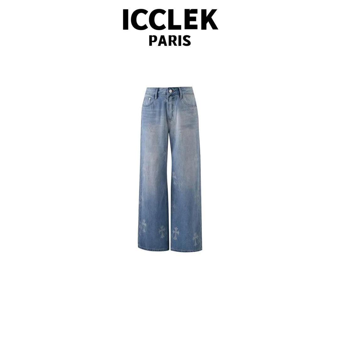 蓝色高腰印花春夏款印花减龄简约直筒百搭牛仔裤 气质 百搭 -5222