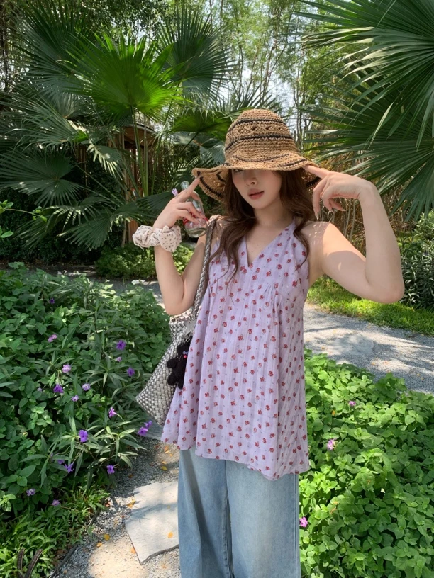 宅宅athome//半夏风铃 紫色碎花无袖背心连衣裙女v领叠穿裙子短裙