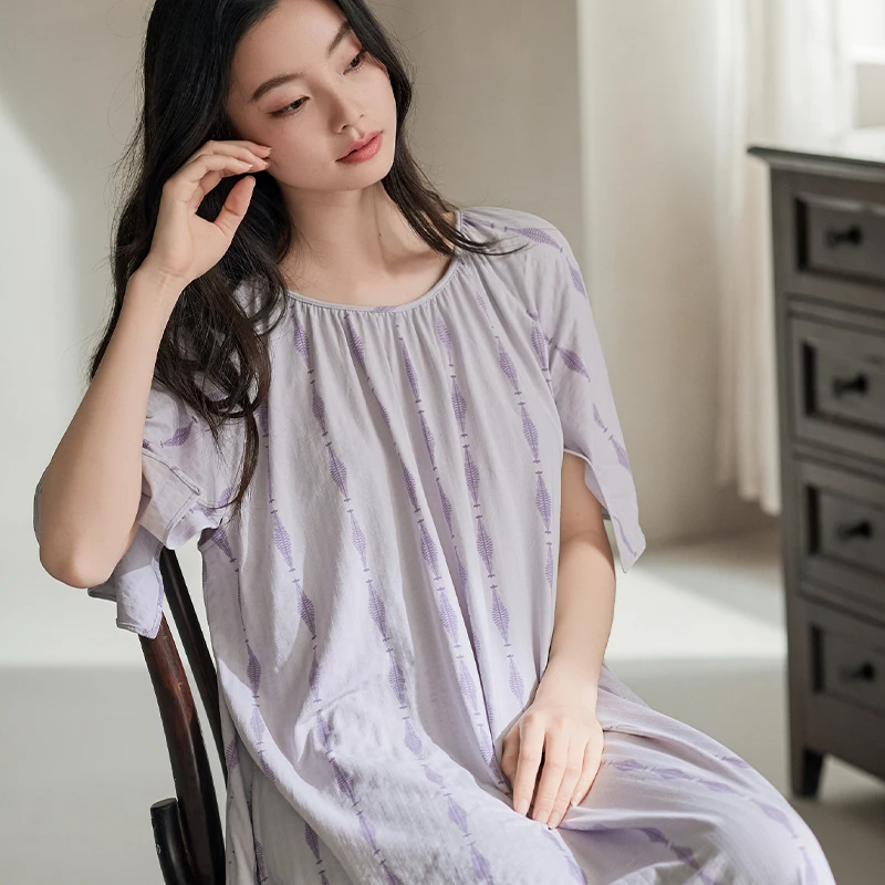 轩之婷女士夏季睡裙纯棉短袖宽松薄款可外穿开叉袖长款睡衣连衣裙