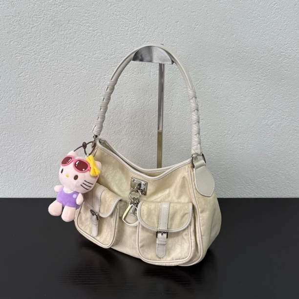 95新 DIOR/迪奥 米白色双兜hobo单肩包 底长28 118726