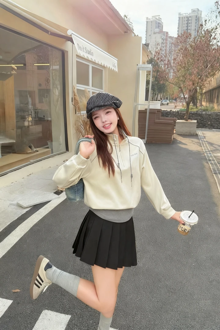 拉链立领常规2025休闲风短款秋季卫衣韩版长袖白色百搭假两件拼接