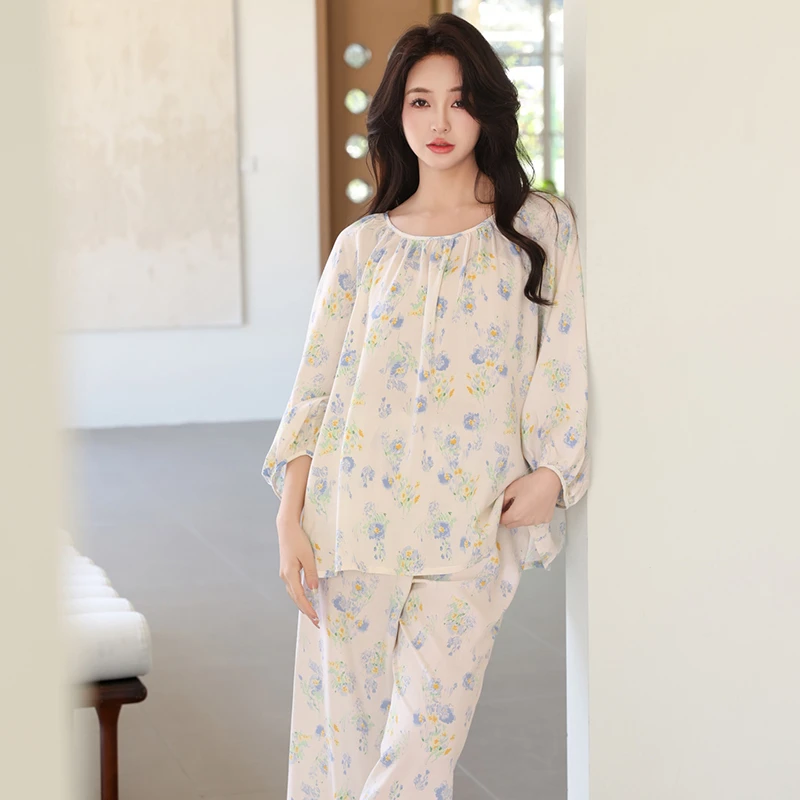 女士棉绸睡衣长袖薄款春秋家居服田园风慵懒可外穿夏季空调服套装