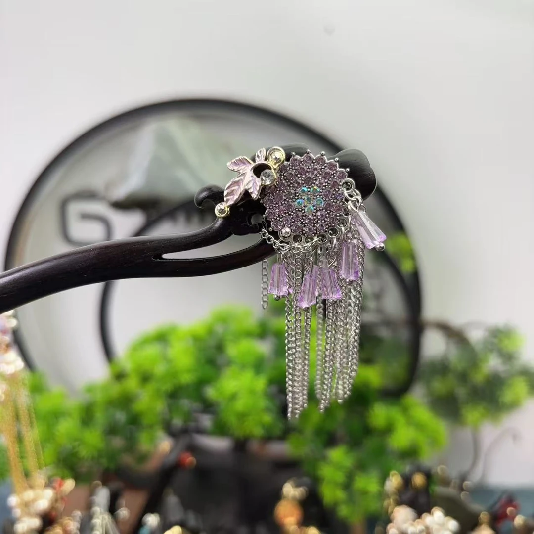 K20紫色流苏18公分发簪手工头饰发饰中式国风簪子百搭木发簪