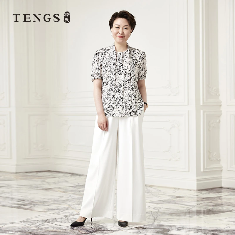 TENGS滕氏女装夏季新款泼墨黑绿印花飘带领短袖衬衫新中式通勤