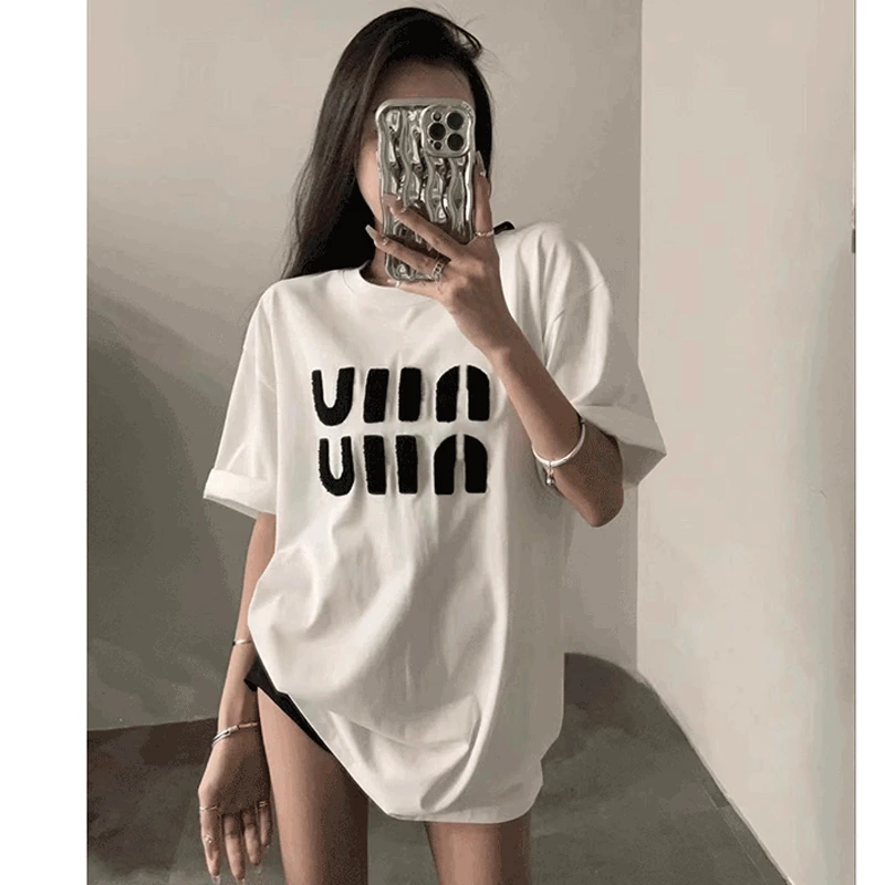 洋气大版白色短袖T恤女夏季2025新款纯棉宽松显瘦中长款遮臀上衣
