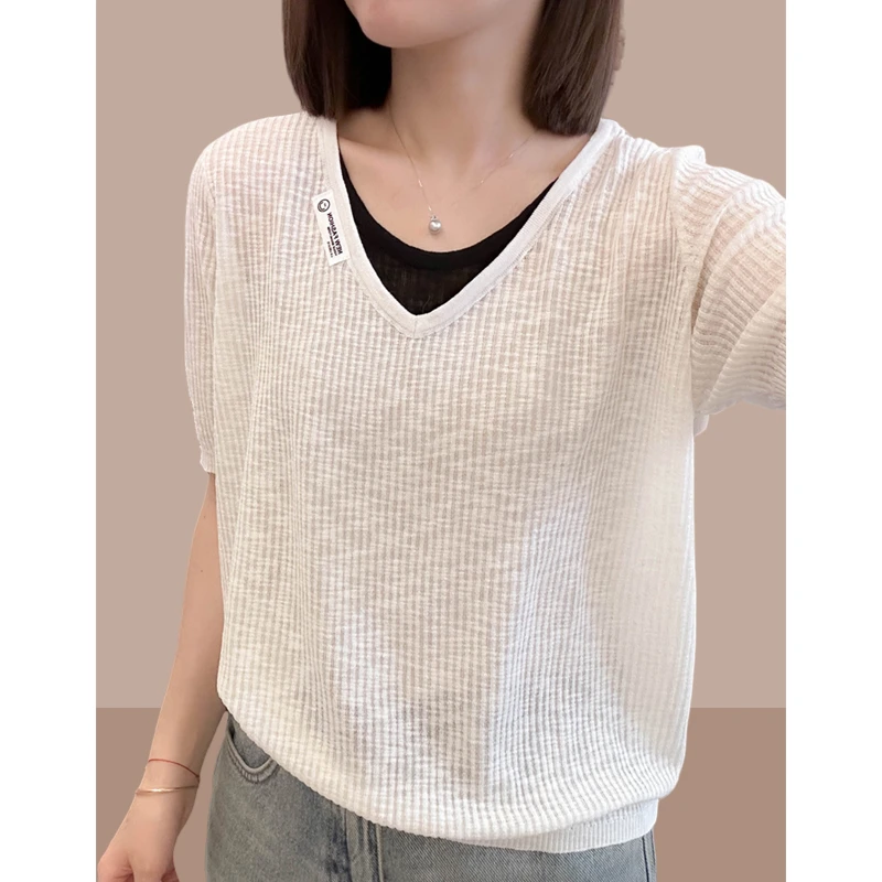 假两件V领针织短袖T恤大码女装2025夏季新款宽松显瘦时尚条纹上衣