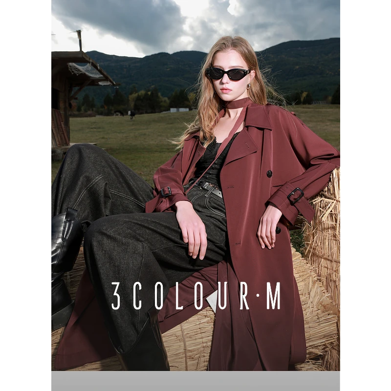 三彩2025春季新款翻领双排扣风衣长款外套宽松通勤气质垂感M