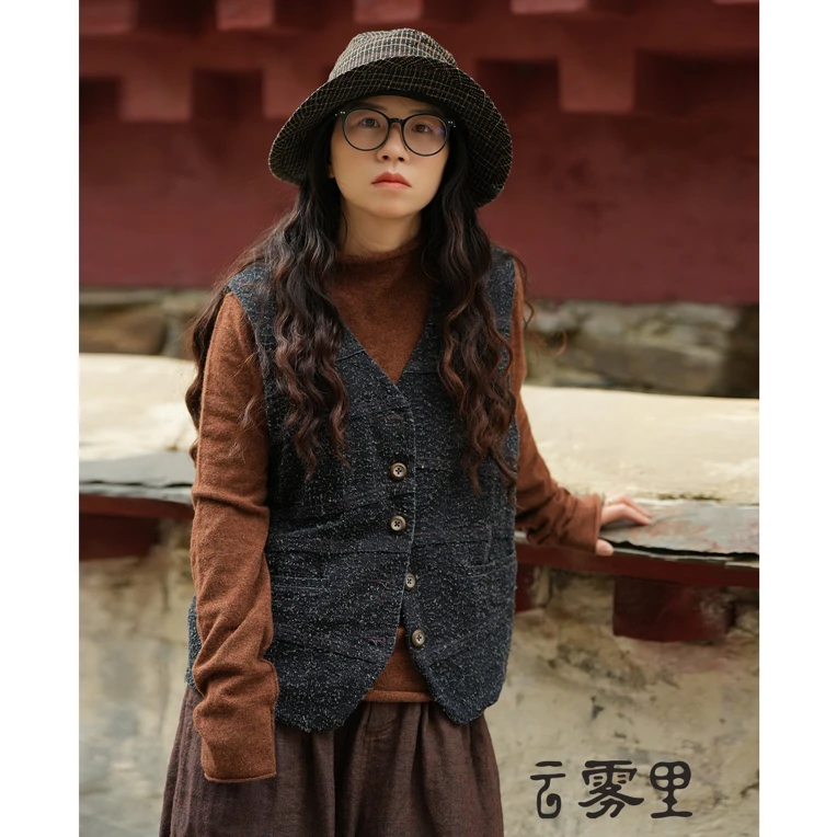 云雾里6103#亚麻棉混纺 随性恣意宽松复古休闲V领系扣马甲秋季
