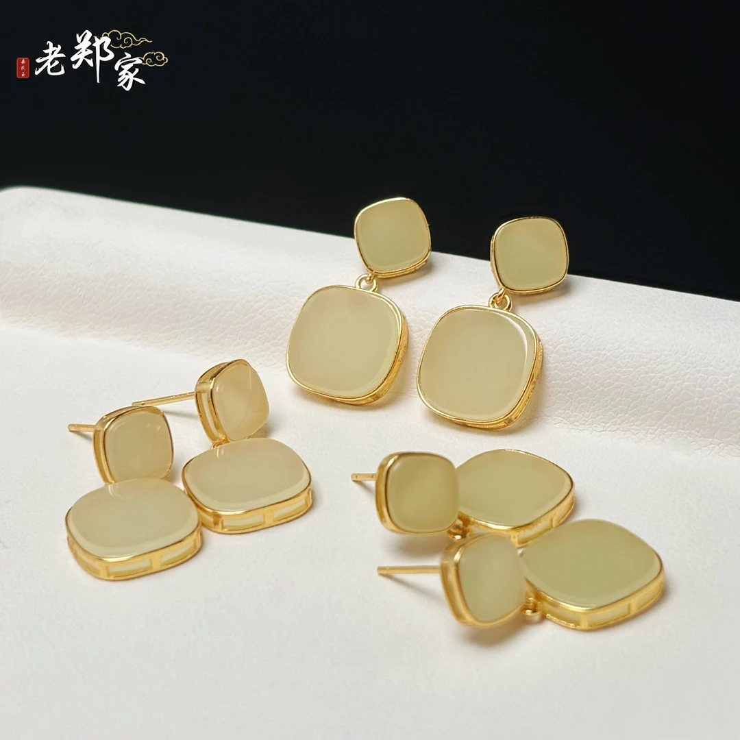 【老郑家】925银和田玉耳饰一对 163 多样性发1件 约10*3mm