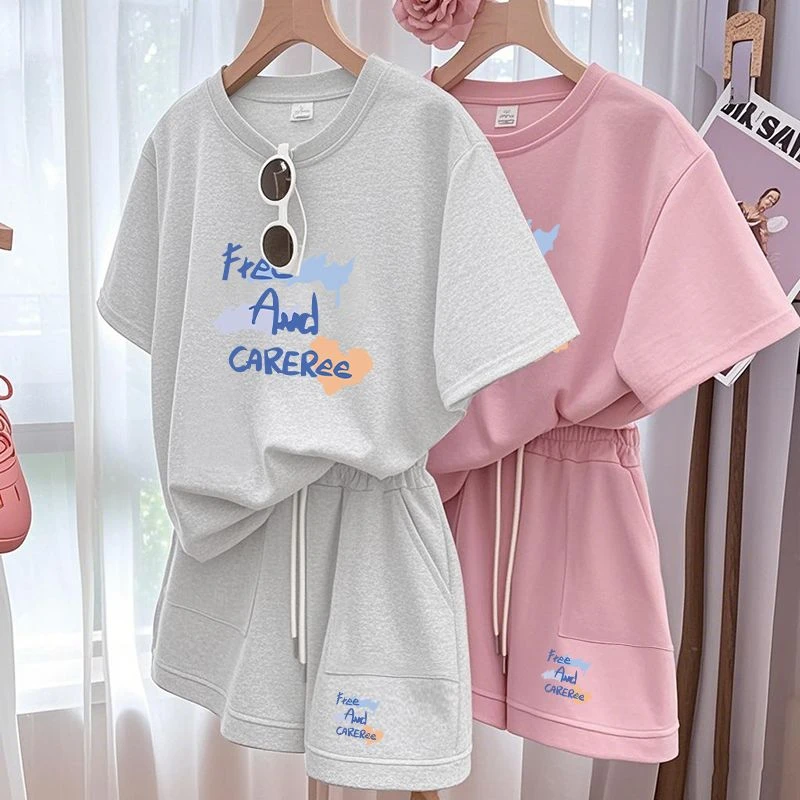 夏季潮流休闲运动套装女韩版大码宽松显瘦时尚学生纯色短袖两件套