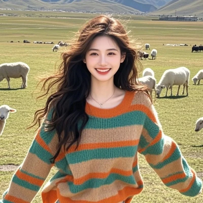 秋冬独特别致撞色条纹慵懒风毛衣针织打底衫女设计感宽松长袖上衣