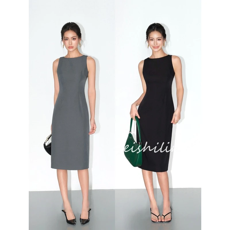 瑞秋裙 灰色西装背心连衣裙女夏季气质收腰高级无袖长裙