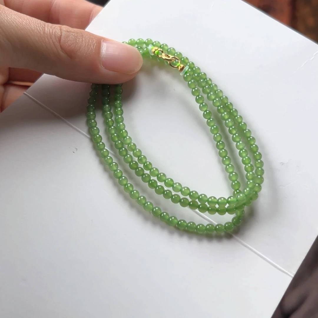 项链银S925镶嵌和田玉碧玉冰底小米珠3.5mm阳绿色450