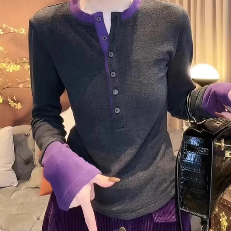 DIDORSSBO春季女款休闲时尚撞色半开衫小立领打底T恤上衣T5561