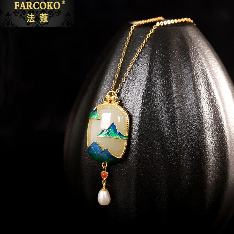FARCOKO/法蔻和田玉项链女烧蓝山水画国潮气质送妈妈母亲节礼物