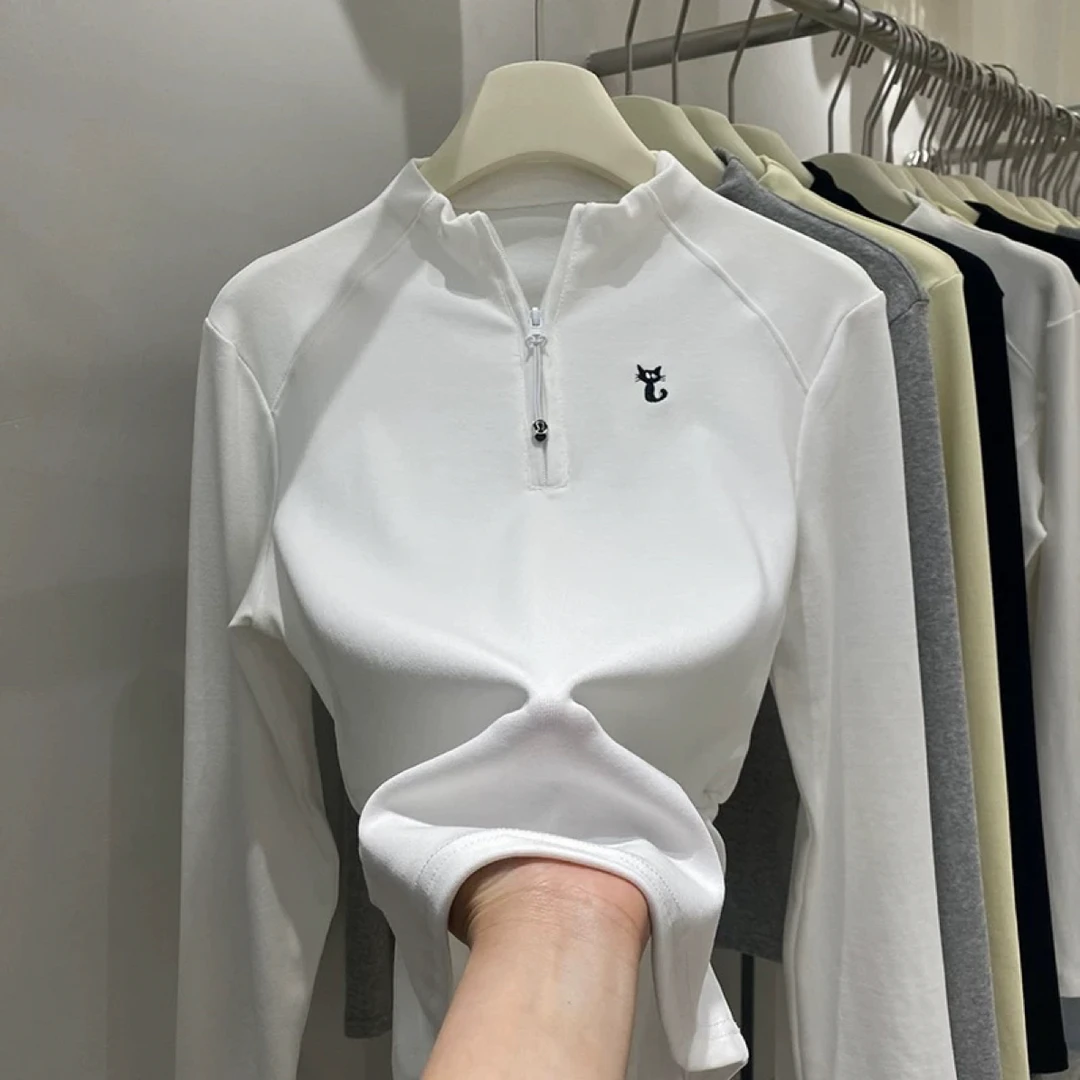 韩版立领半拉链刺绣小猫绒衫长袖T恤女秋冬显瘦内搭打底衫大码女