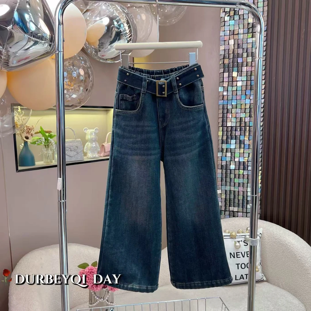 DURBEYQI/朵贝奇女童2025冬季新款纯色松紧腰加绒加厚牛仔裤5098