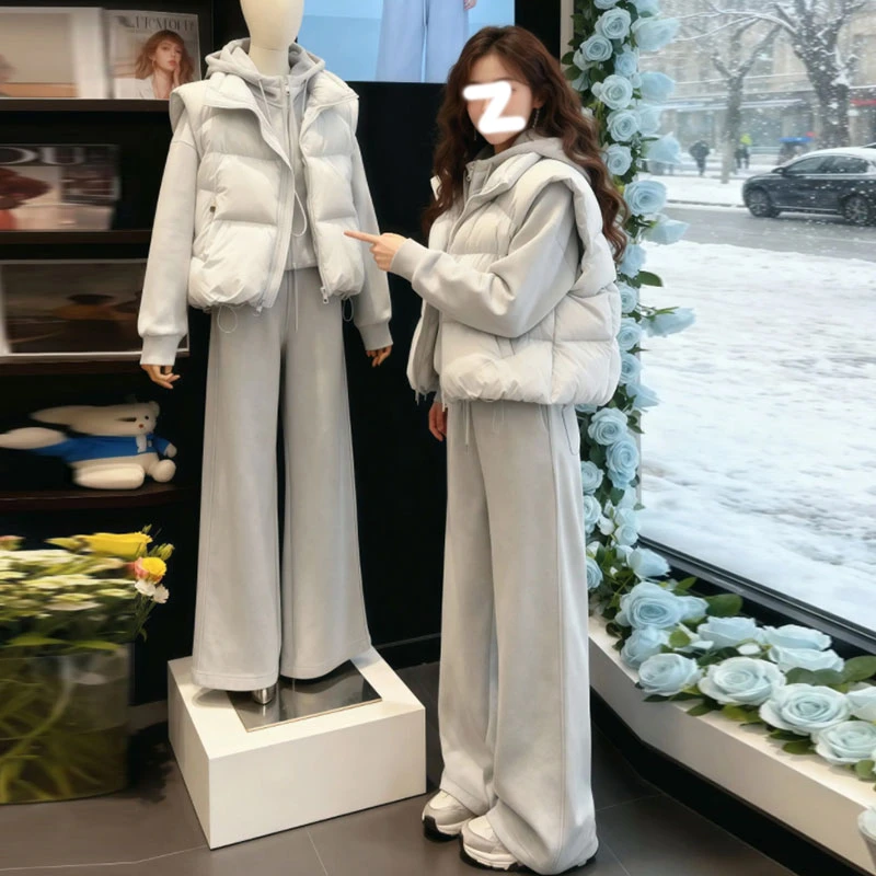 2025冬季新款女士高级感穿搭套装超好看马甲外套卫衣阔腿裤三件套