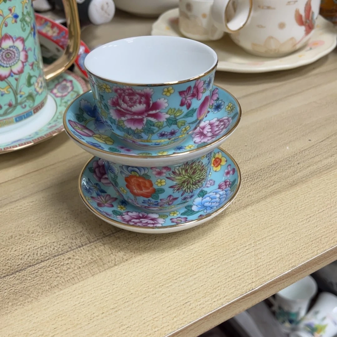 瓷片?****^微瑕珐琅彩万花主人杯2个666666